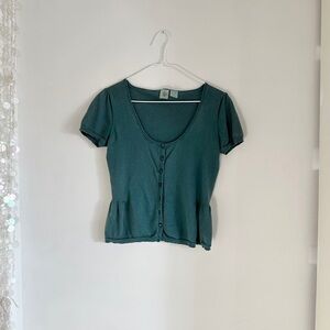 HWR | Anthropologie • Cropped Teal Cotton + Silk Peplum Sweater